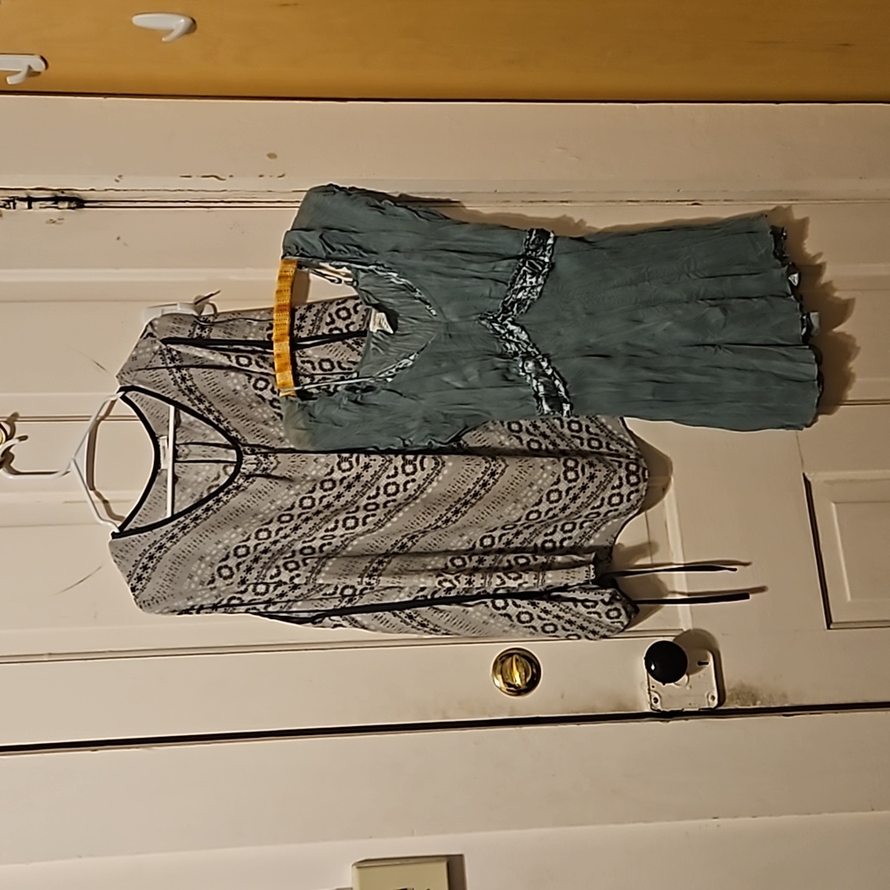 Two Maurices Blouses size XL Grey long sleeve with tie and sage green short lay